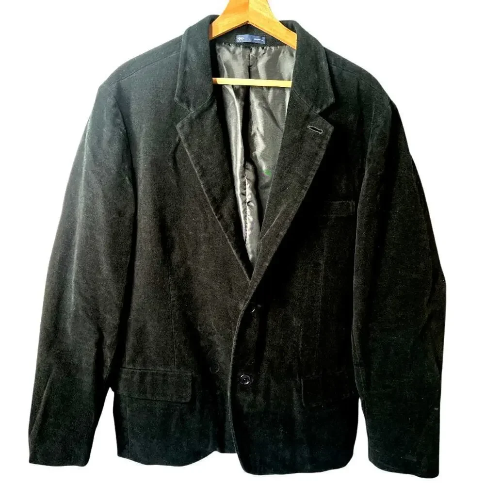 Gap Black Velvet Romantic Goth Academia 2 Button Blazer Jacket Men's Size XL